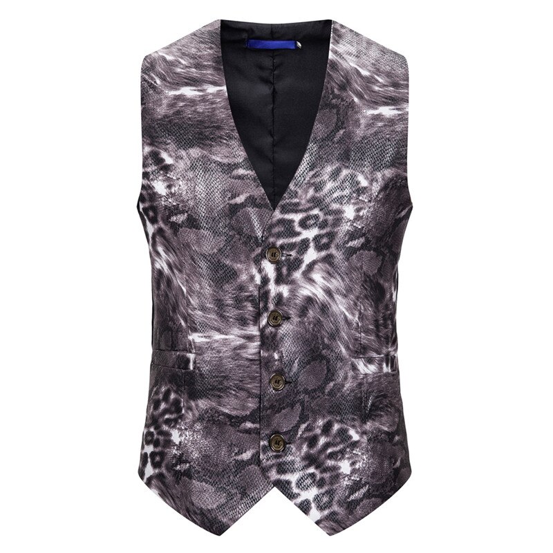 Mens Vest Casual Glossy Beast Leopard 3D Print Gilet Hombre Formal Waistcoat Men Sleeveless Jacket Party Wedding Dress Suit Vest: Grey / Euro Size S