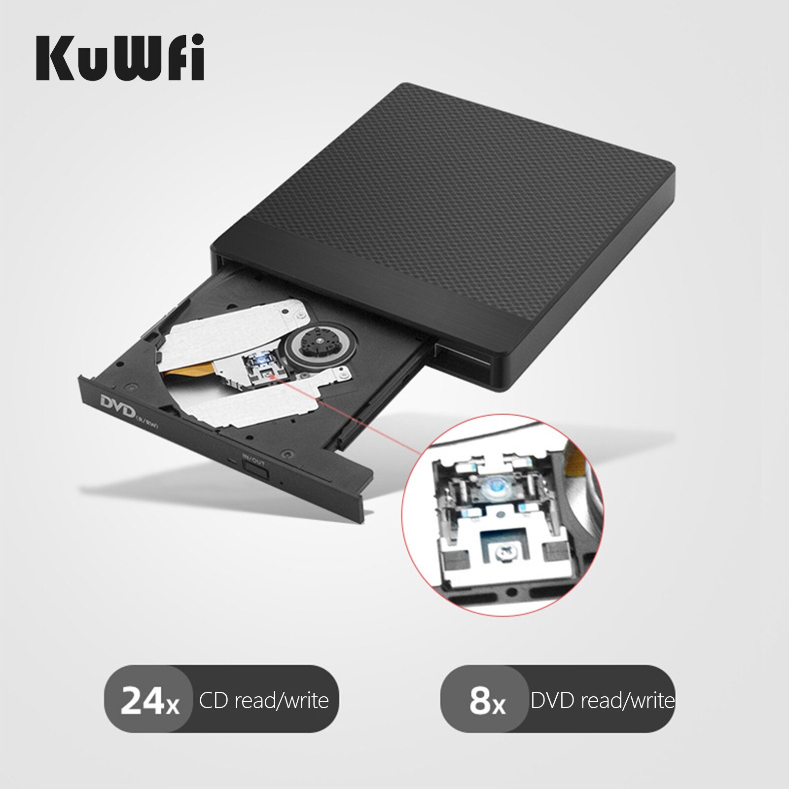 KuWFi-grabador de DVD USB 3,0 y tipo C, Unidad óptica externa RW, CD, DVD, ROM, reproductor, grabador para Windows, Macbook, portátil y PC