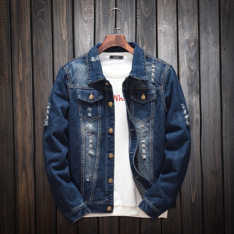Jacket Men Blue Jeans Coat Clothing Hole Plus – Vicedeal