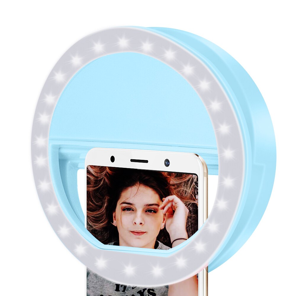Mobiltelefon lys klip selfie led auto flash til mobiltelefon smartphone rund bærbar selfie lommelygte makeup spejl 1pc: Blå