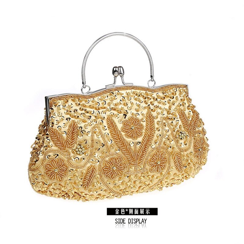 Bolso de noche Retro con cuentas de costura a mano con forma clásica, bolso de mano de mujer: Gold