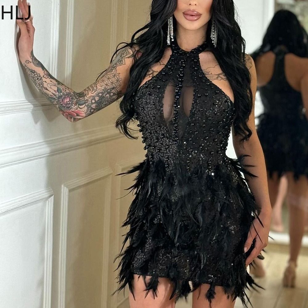 Hlj sexet mesh splicing pailletter fjer bodycon festklubkjole kvinder rund hals ærmeløs slank vestidos kvindeligt aftentøj