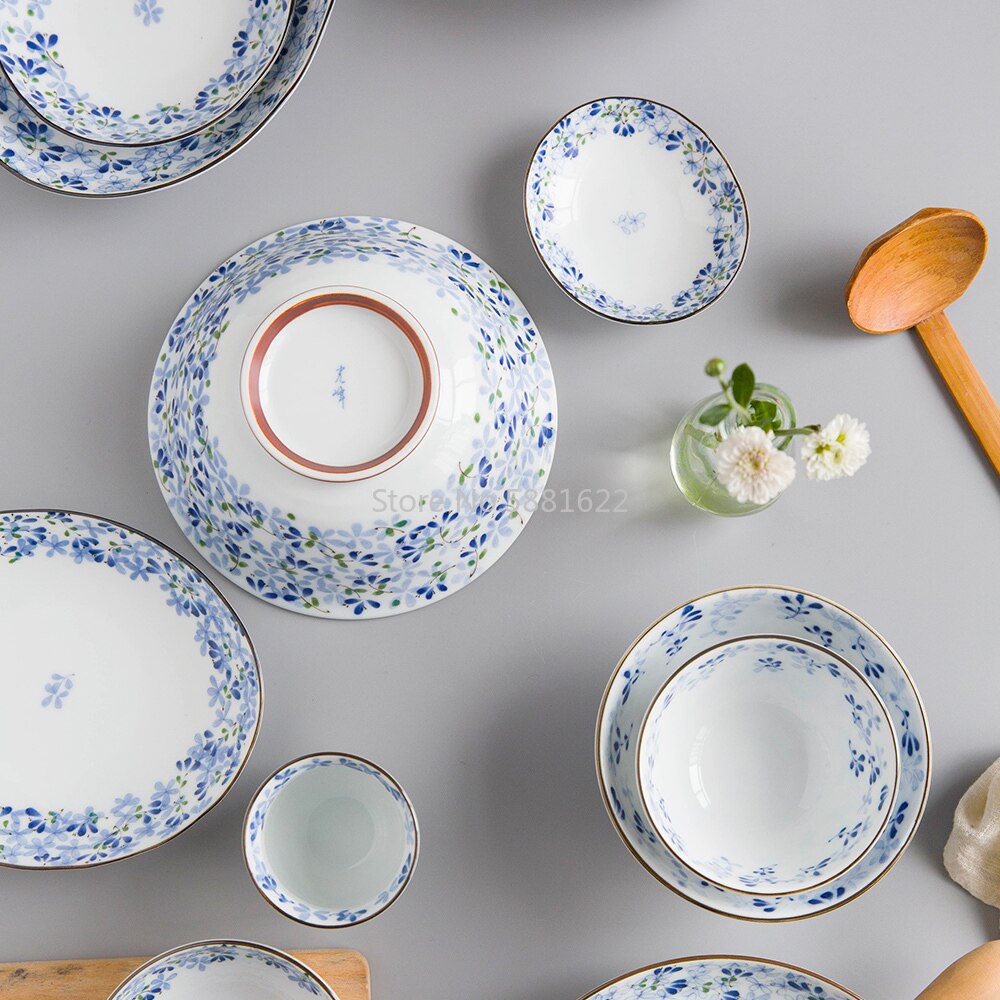 Serie de flores azules de estilo japonés, vajilla de cerámica de hueso claro, plato para el hogar, plato occidental, tazón de arroz, tazón grande