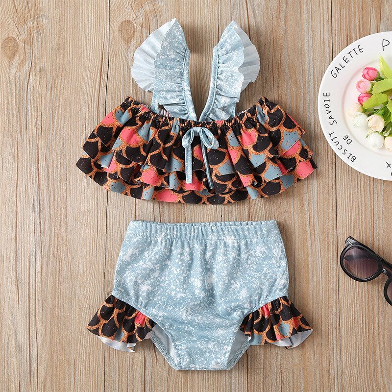 Nieuwste zomer baby zwempak prinses glitter zeemeermin 2 stuks baby meisjes badmode strandkleding kinderen meisje: Blauw / 3-4y