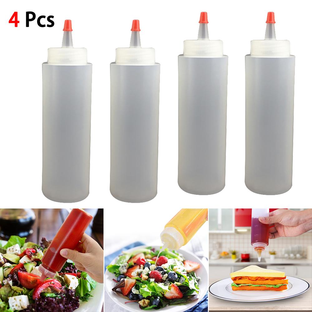 4PCS 250ML Plastic Needle-nosed Bottle Salad With scale Squeeze Bottle With Leak-Proof Cap Sauce Squeezable Bottle