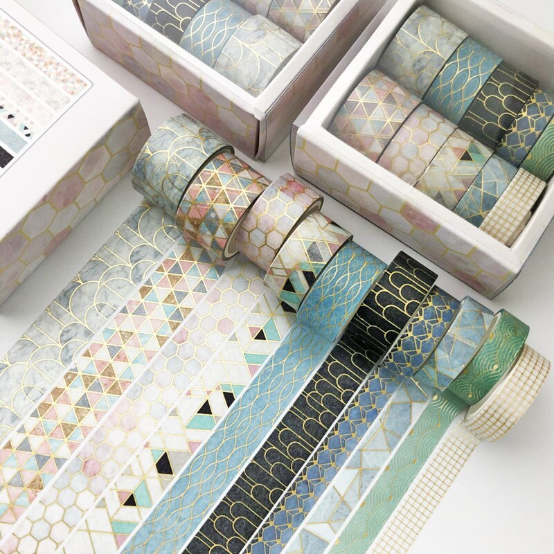 10 stk / sæt sort geometri guldmaskering washi tape dekorativt tape sæt decora diy scrapbooking sticker label brevpapir: Geometrisk