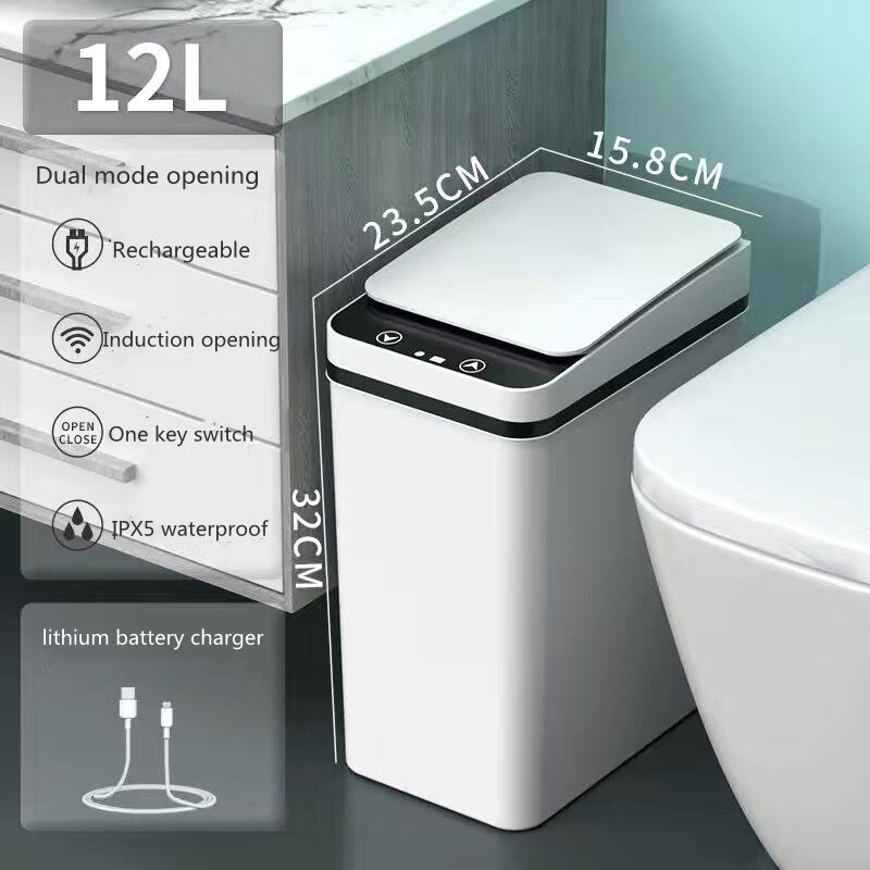 12L Intelligent Trash Can Smart Sensor Dustbin Automatic Rubbish Can USB Waterproof Dustbin Home Induction Garbage Bin Household: USB white dual mode