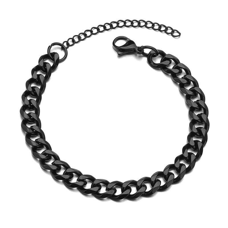 3/5/7/9mm Polished Stainless Steel Bracelet for Men Women Gold Black Color Punk Casual Curb Cuban Link Chain Bracelet: Black / 5mm-22cm