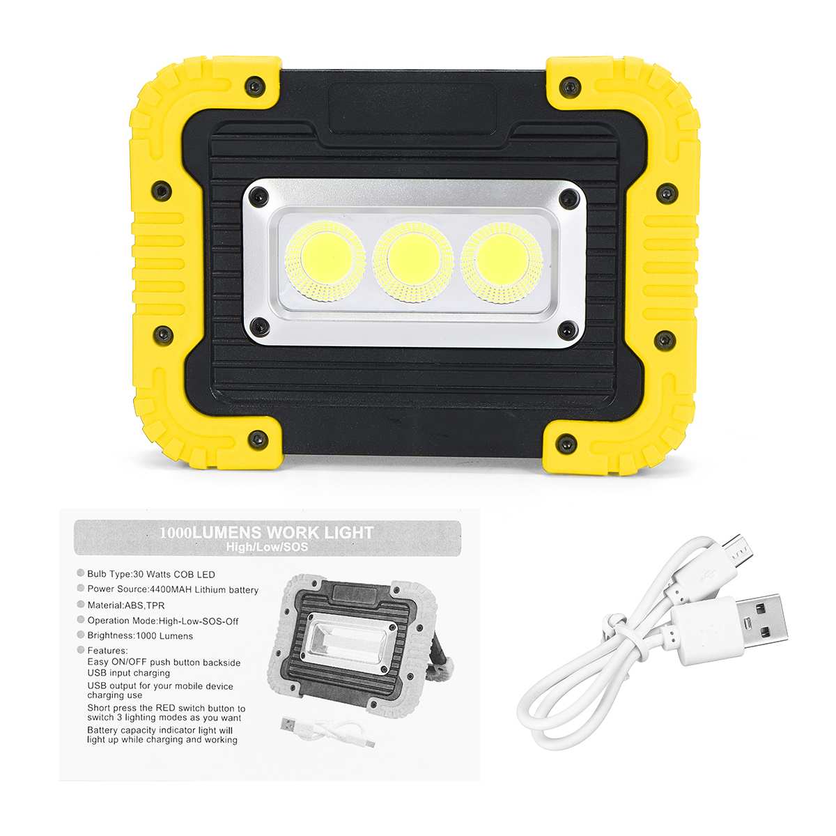 Lámpara LED COB de 380W con Usb/batería, linterna portátil, foco de luz Led para Camping, reflector Led portátil de emergencia: Amarillo / USB Charging Type
