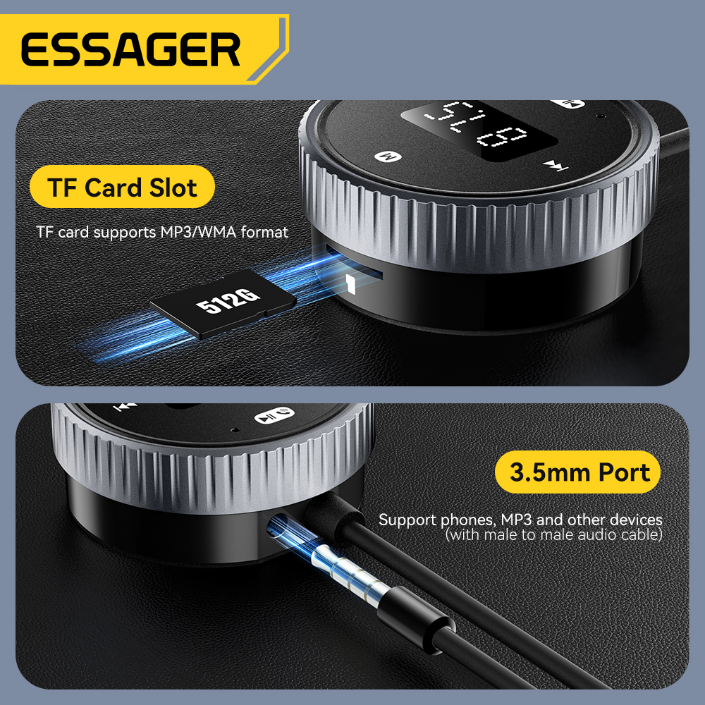 Essager Bluetooth 5.3 FM-Sender 3,5 mm AUX-Buchsen für Audio--Musikempfänger, integriertes Mikrofon, Freisprecheinrichtung, LED-Anzeige, unterstützt TF-Karte