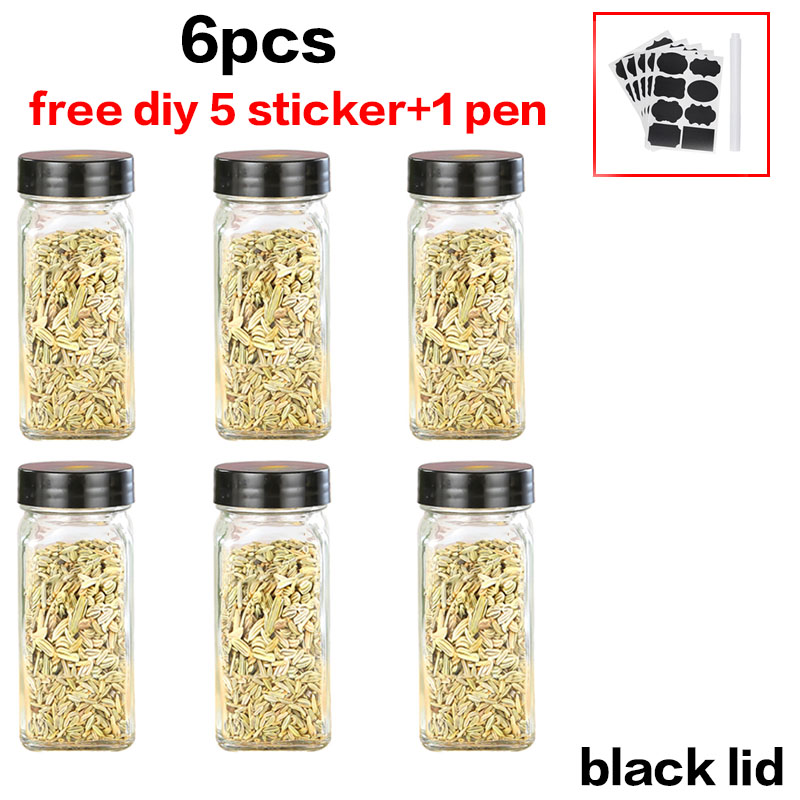 8pcs Lid Condiment Pot Seasoning Bottle Glass Kitchen Supplies And Materials Saltcellar Canister Set DIY Sticker Glass Spice Jar: 6pcs B