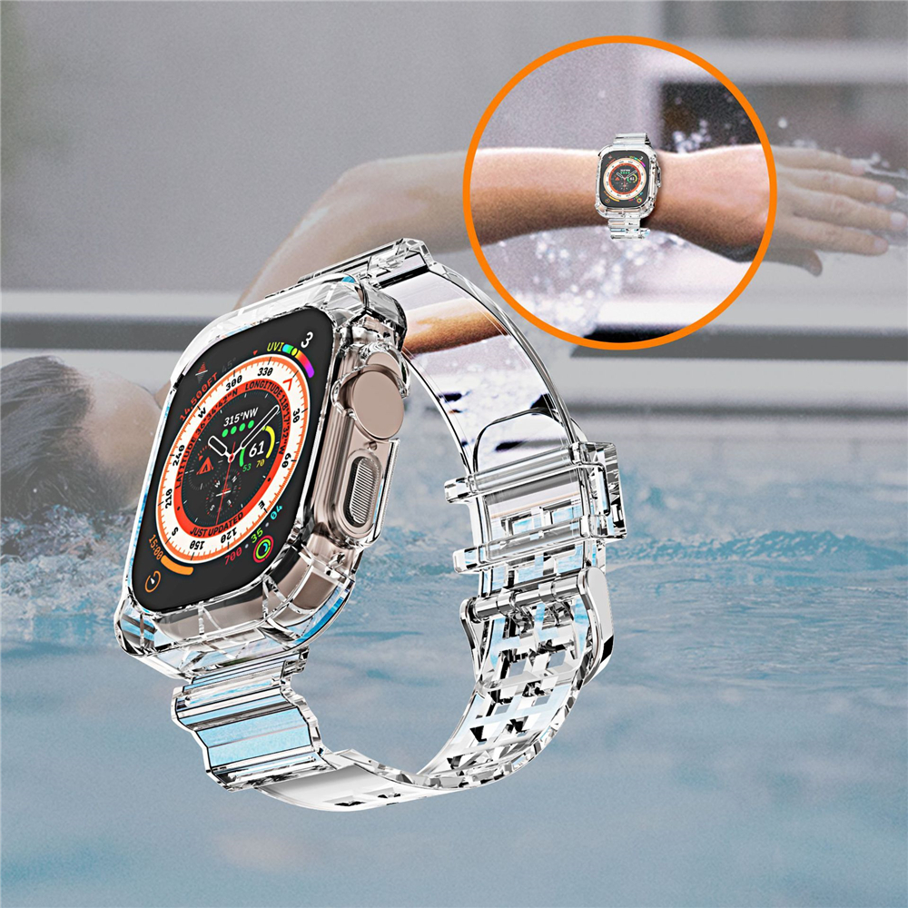 Transparentes Band + Gehäbenutzen für Apfel Uhr 9 8 7 6 SE 5 3 2 Ultra 2 49 mm, weiches transparentes Armbinde, iWatch-Armbinde 40 mm, 44 mm, 42 mm, 41 mm, 45 mm