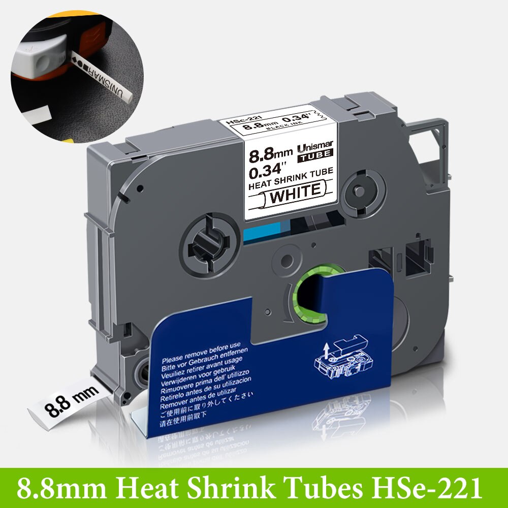 Fita da etiqueta dos tubos do psiquiatra do calor de HSe-221 8.8mm x 1.5m para o irmão hse221 HS-221 preto no uso branco em PT-D210 PT-D400 PT-E300 PT-E500