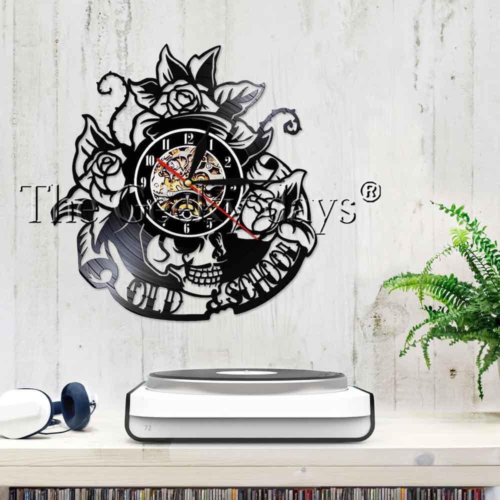 Cd vinil registro relógio de parede do vintage antigo estilo escola preto decoração da casa relógio de parede led crânio flores rosas para tattooist presente