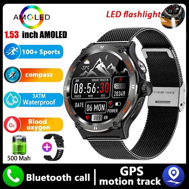 Montre intelligente de camion GPS militaire pour hommes, écran HD AMOLED, fréquence cardiaque, montre intelligente de sport étanche IP68, Android IOS, extérieur, , 2024: Bleu