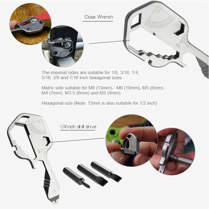 24 in 1 Multi-Tool Key Bottle Opener Hex Wrench Measuring Ruler Key Shaped Pocket Tool