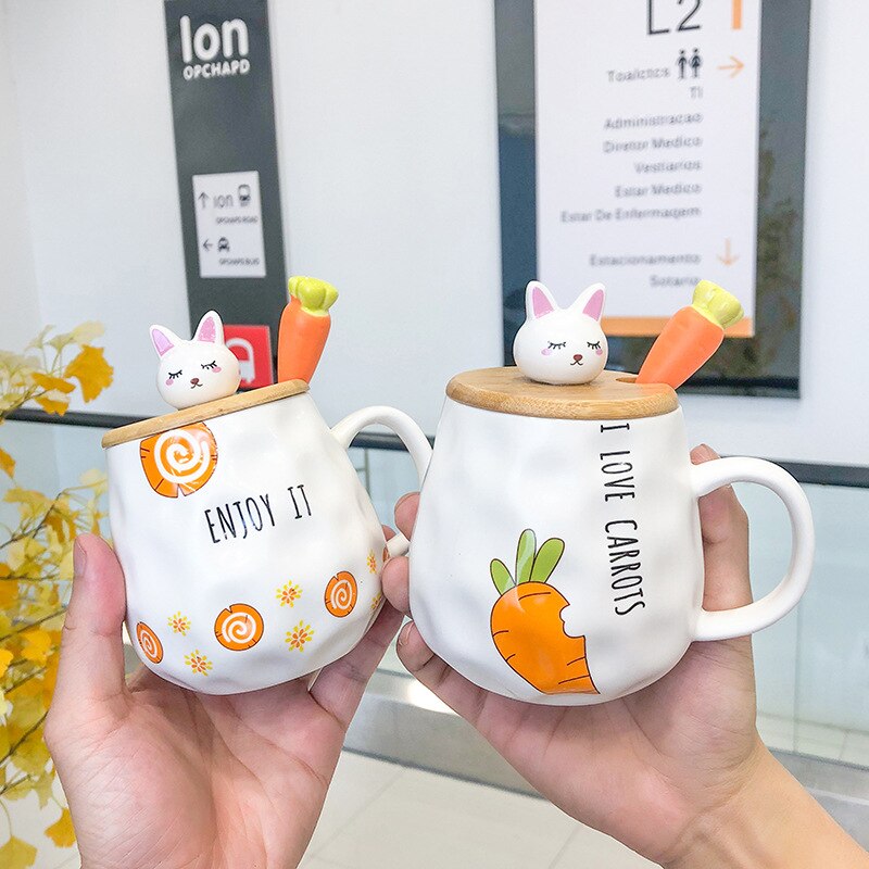400ML Cartoon Ceramic Mug Turnip Rabbit Wooden Lid Ceramic Cup Milk Coffee Tea Cup Office Home Student Couple Cup