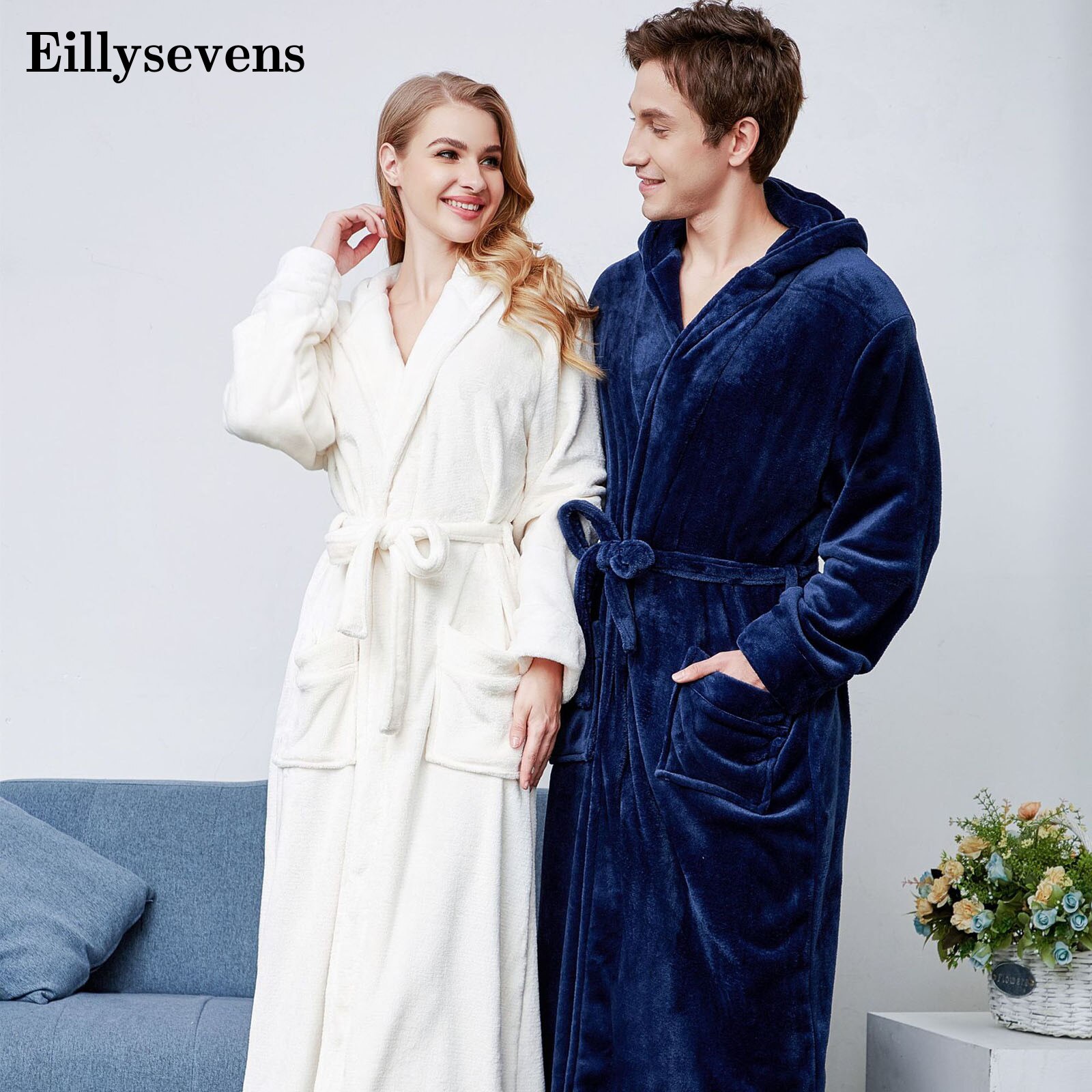 Couple Pajamas Sleepwear Thick Flannel Solid Color Lapel Home Clothes Long Sleeved Hooded Robe Coat Winter Nightgowns