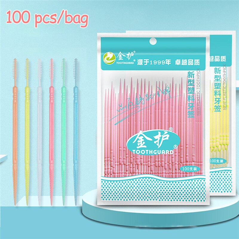 100pcs 6.3Cm Double-headed Dental Brush Floss Interdental Toothpick Teeth Sticks Tooth Clean Oral Care Interdental Brush