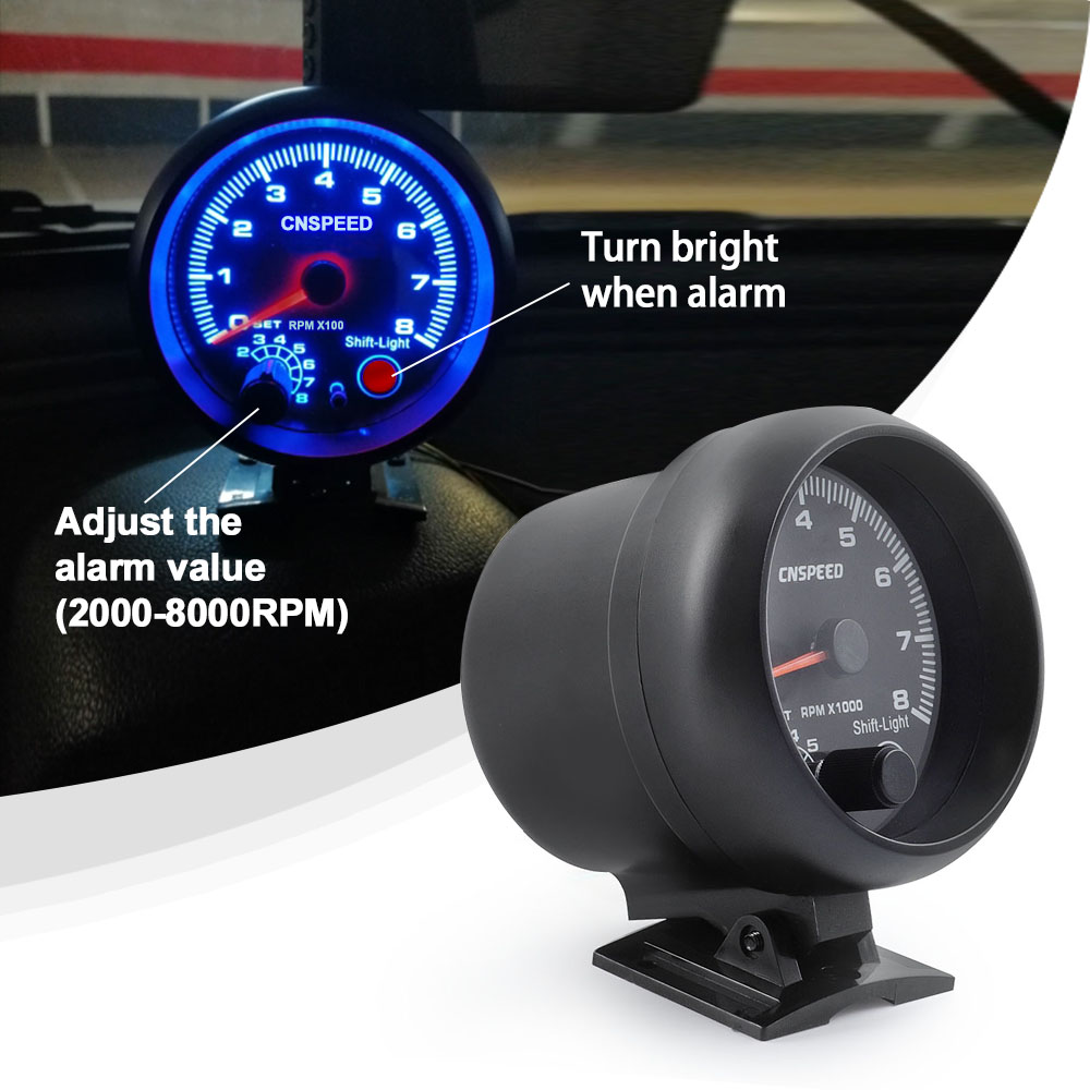 CNSPEED 12V Tachometer Gauge 3.75'' Car Universal Black Tachometer Gauge 7color Inter Shift Light 0-8000 RPM Fit 4 6 8 Cylinder