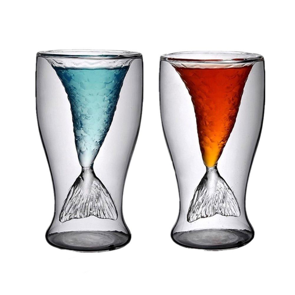 Vaso de vino de cola de pez sirena de 80ml, doble capa, cerveza, whisky, tazón taza de cóctel