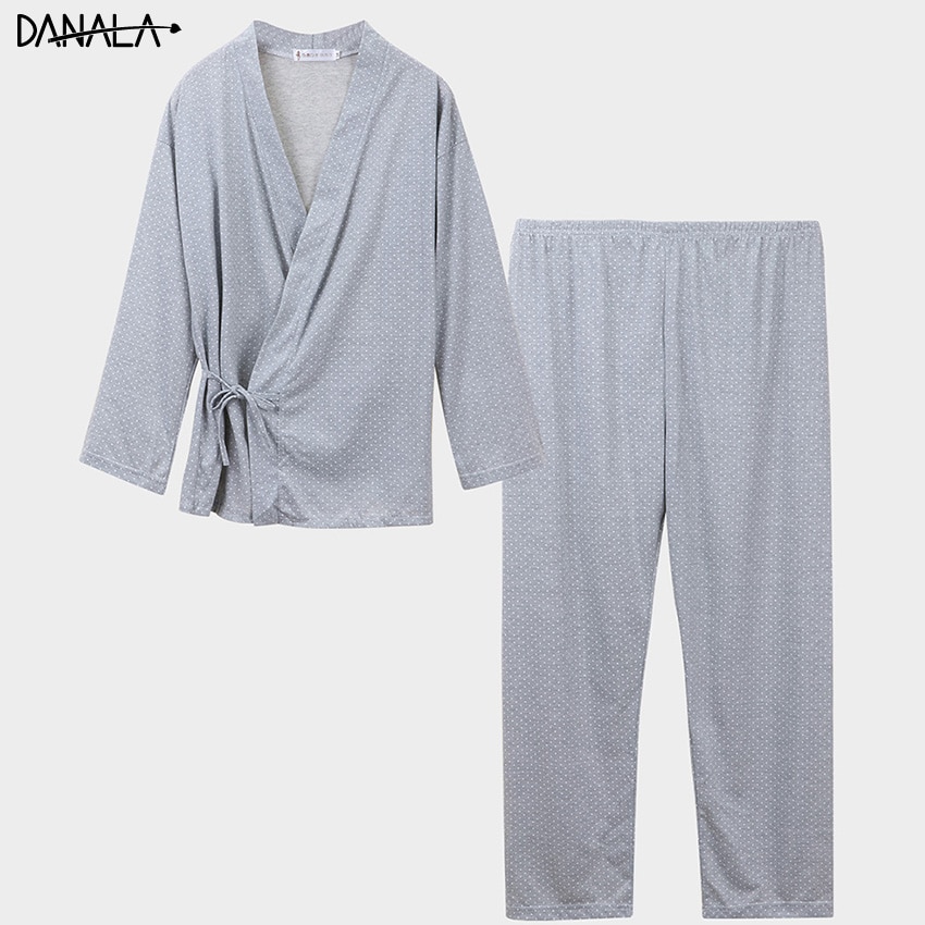 DANALA Casual Man Kimono Pajamas Sets Polka Dot Long Sleeve Comfortable Sleepwear Home Wear