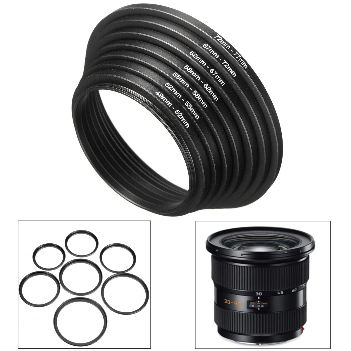 7pcs Metal Step Up Rings Aluminum Universal Lens Adapter Filter Set 49-52-55-58-62-67-72-77 mm 49mm-77mm