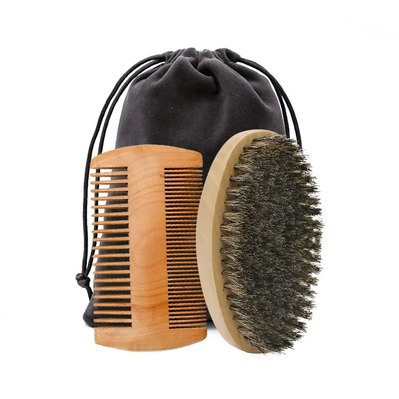Cepillo de afeitar de dos caras con cerdas de jabalí para hombre, cepillos portátiles para Barbero, cepillos para Barba de haya Natural, peine para limpieza Facial, herramientas para bigote: Beige
