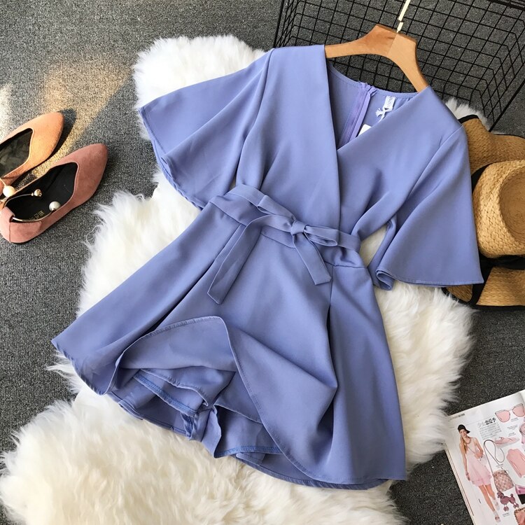 Monos elegantes de manga corta con cinturón para mujer, petos ajustados con cuello en V, coreana
