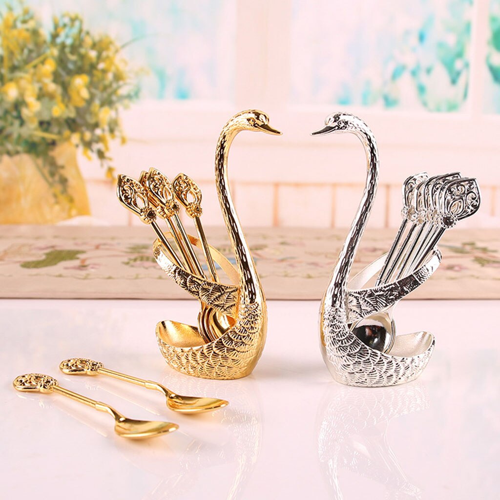 Stainless Steel Dinnerware Set Decorative Swan Base Holder with 6 Spoons Portable Ableware Set Spoon Fork Cutlery Set