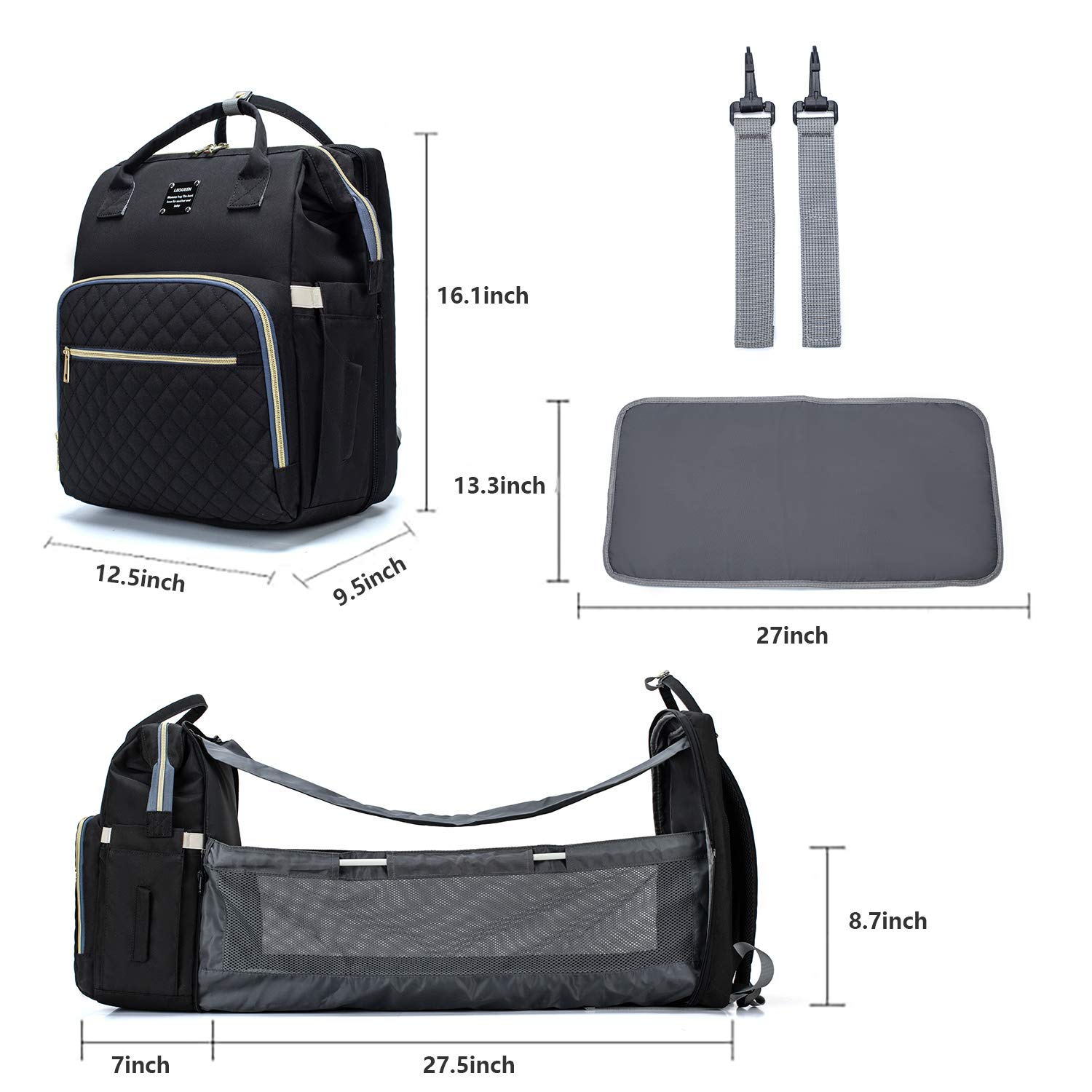 3 in 1 Windel Rucksack mit Ändern Bahnhof Stubenwagen Kinderwagen Riemen Thermische Taschen Tragbare Baby Tasche mit USB Ladung Hafen: Schwarz