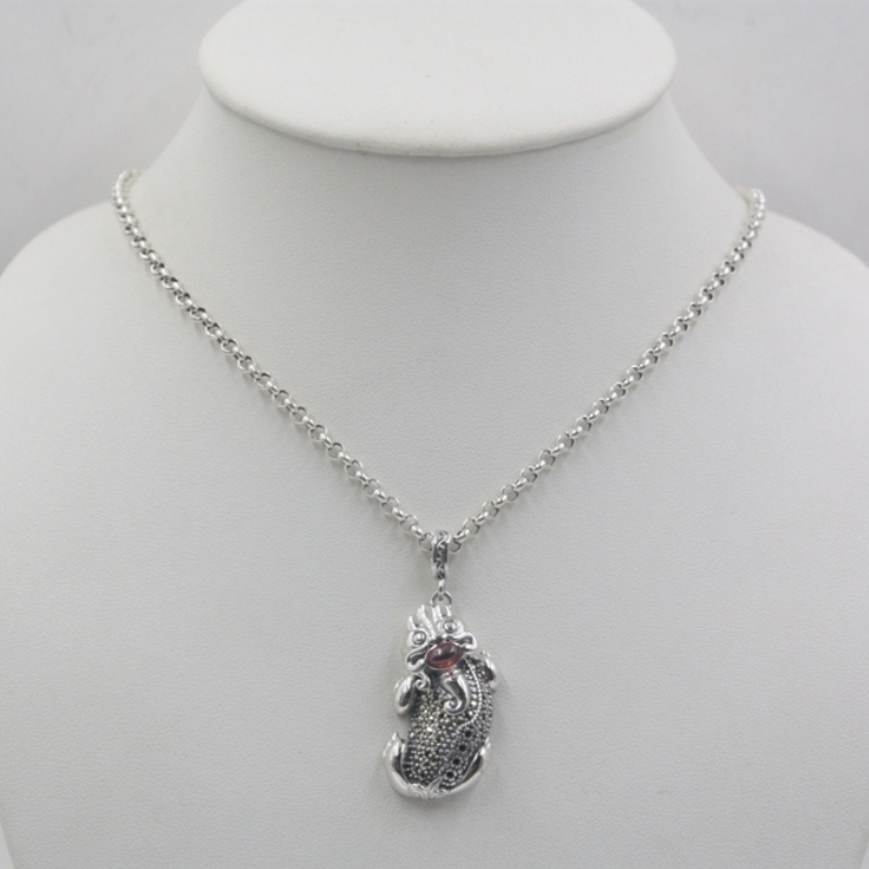 Sterling S925 Silver Bless Zircon Pixiu Pendant & 18inch Cable Chain Link Necklace