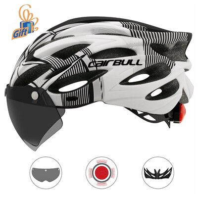 Stylish Cycling Helmets Triathlon Safe Taillight Helmet with Magnetic Goggles MTB Race Road Bike Bicycle Helmet Casco Ciclismo: Black White