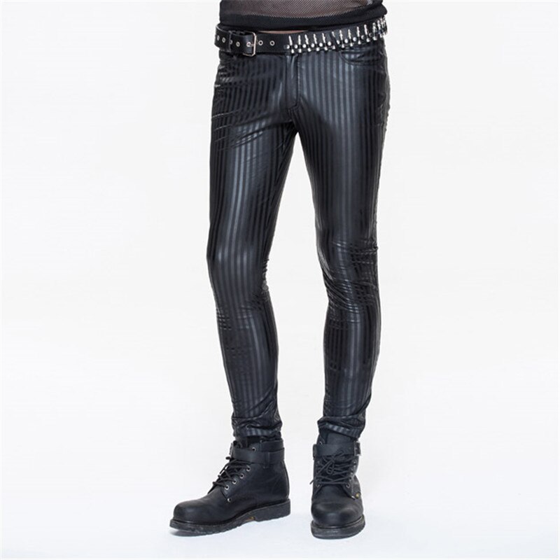 Steampunk Men Casual Leather Pants Mid Waist Black Striped Trousers Retro Casual Slim Fit Pants