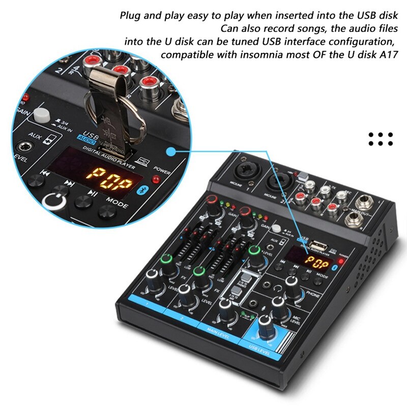 Sound Card Audio Mixer Sound Board Console Desk System Interface 4 Channel USB Bluetooth Stereo Mini Mixer (US Plug)
