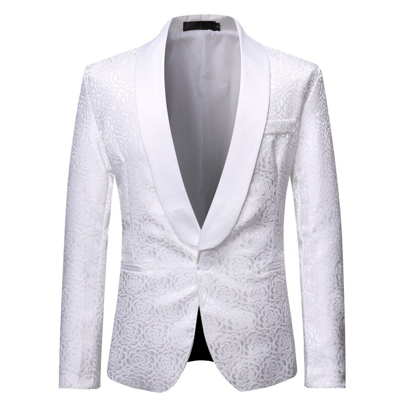 Weiße Rose Jacquard Blazer Männer Schal Kragen eins Taste Blazer Jacke Herren Hochzeit Party Bühne Bankett Kleid Blazer Kostüm Homme: Weiß / L