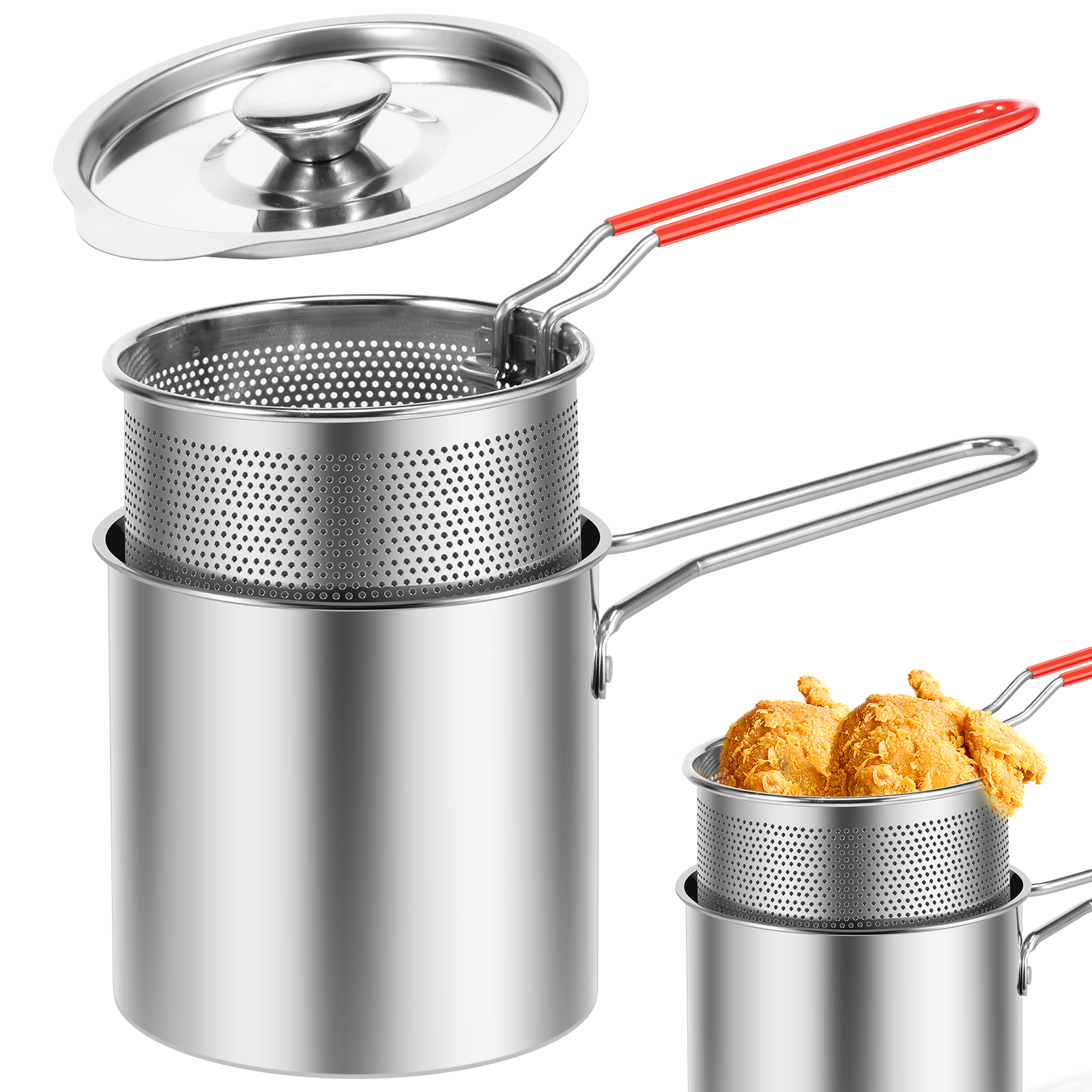 Friteuse en acier inoxydable avec panier et couvercle, passoire à pâtes, marmite jetable pour frites et poisson