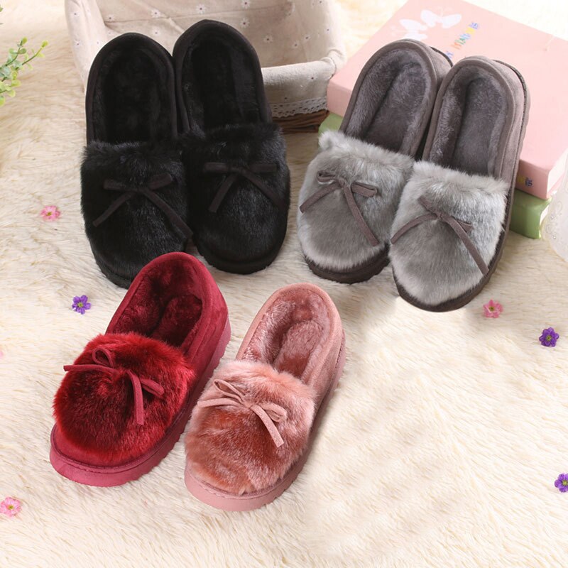 Vinter platå skor kvinnor utomhus hem tofflor kvinnlig vinter päls rutschbanor hus sandaler fuzzy tofflor dam söta rosett loafers