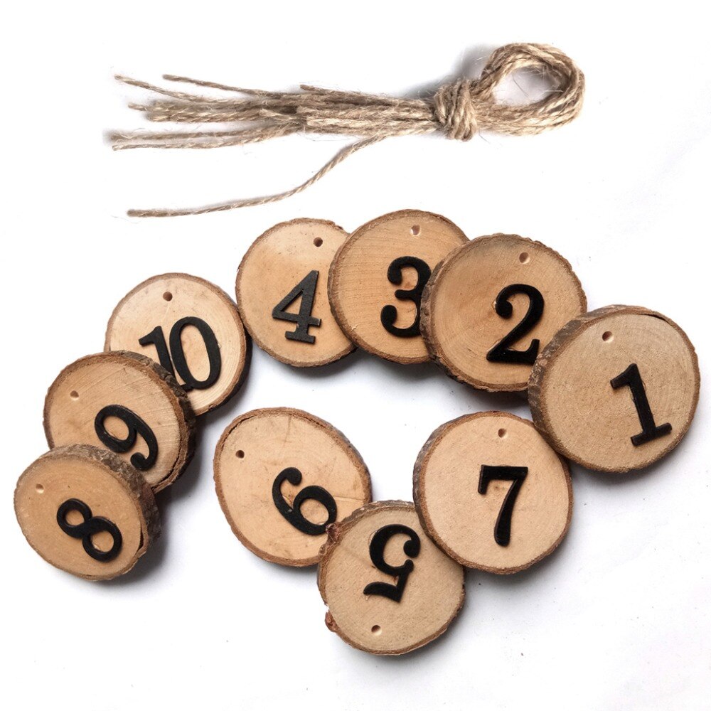 10pcs Round Natural Wood Log Slice Tree Bark 1-10 Table Numbers For Wedding Centerpiece Hanging Decor