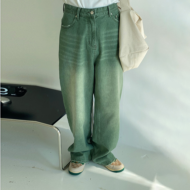 IEFB Vintage Men&#39;s Straight Mid Waist Green Jeans 2022 Spring Casual Loose Distressed Denim Long Pants Wide Leg Trousers