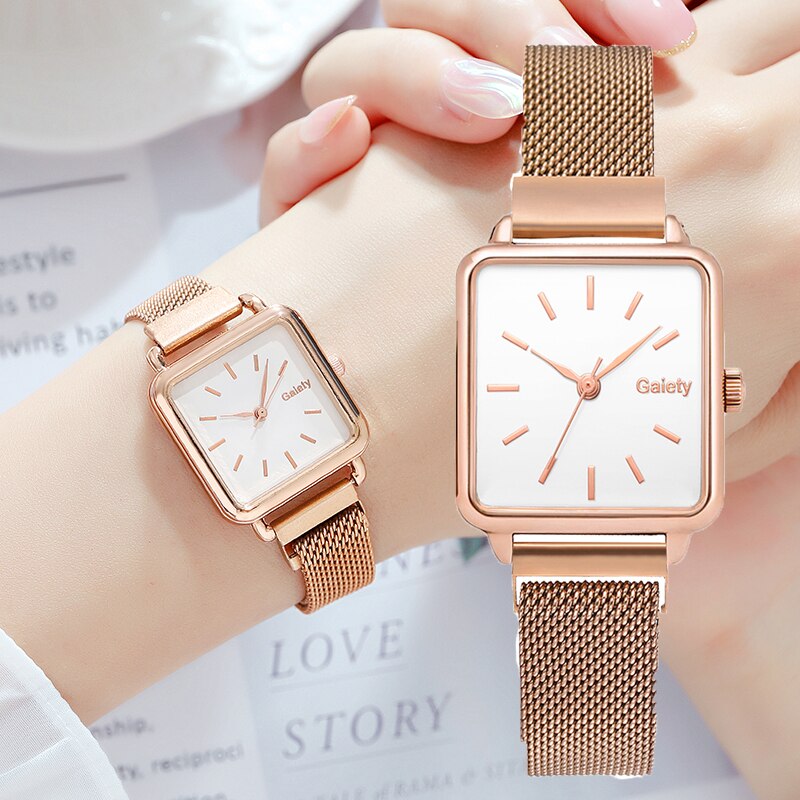 Gaiety brand dameure firkantet dame quartz ur armbånd solid urskive enkel rosa guld mesh luksus dameure