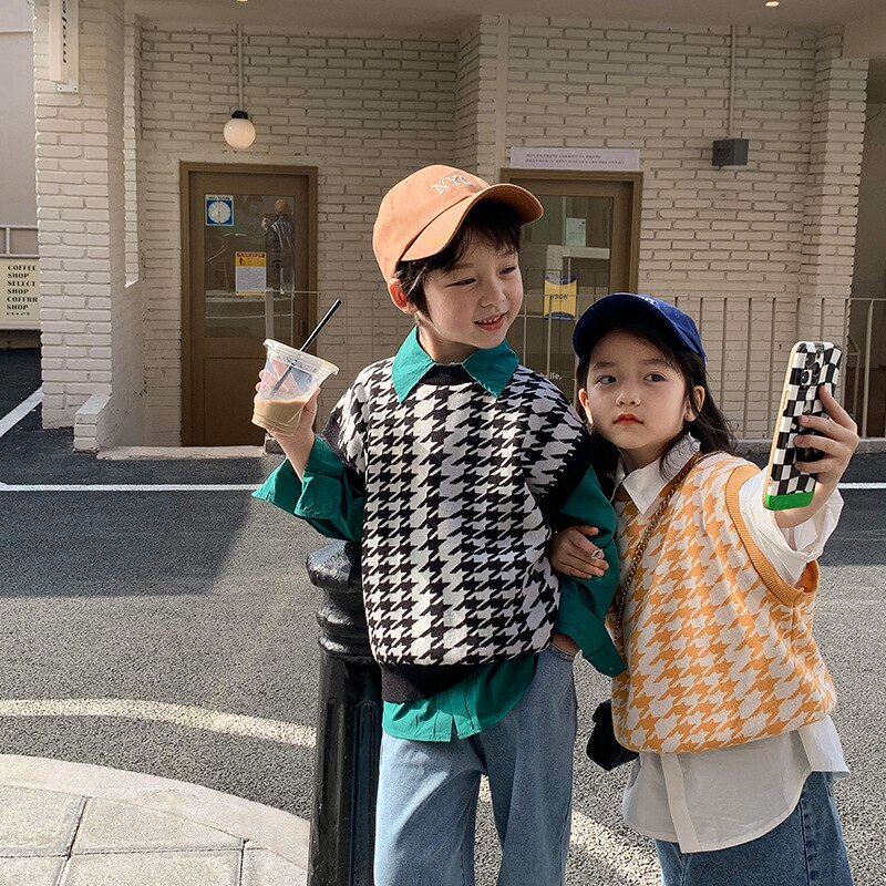 2022 Lente Unisex Mode Plaid Gebreide Vest Jongens Meisjes Losse Casual Mouwloze Truien