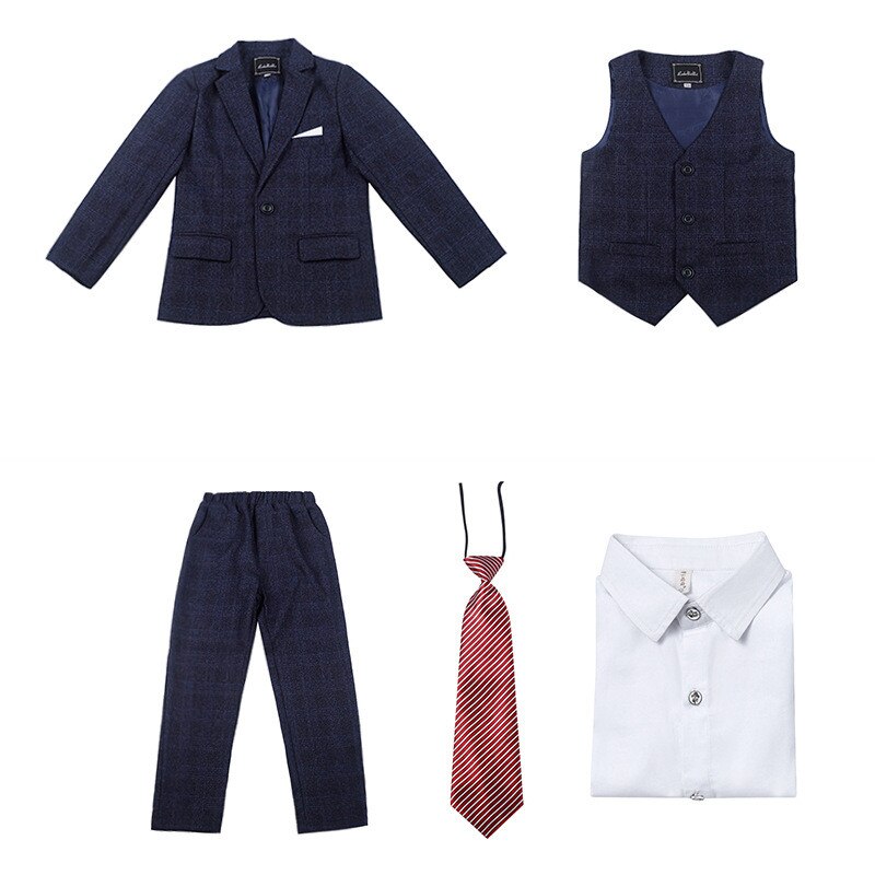 Chłopcy rano płaszcz garnitury w kratę dzieci formalne stroje ubrania zestawy dziecko smokingi panowie wesele stroje maluch marynarka spodnie: niebieski 5 szt Sets / 100