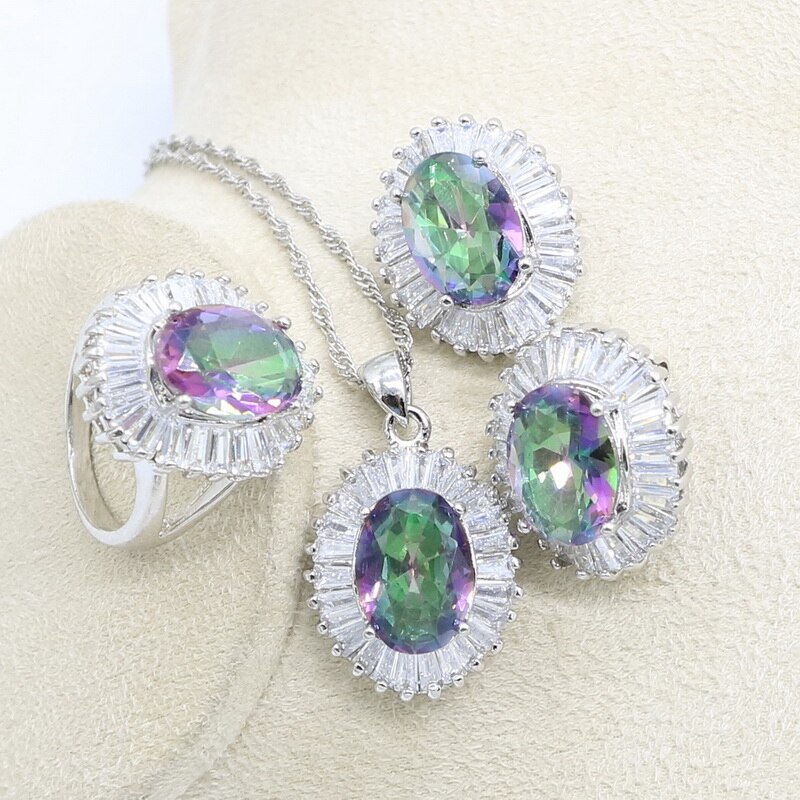 Bruids Sieraden Set Dames - Regenboog Zirconia Ketting, Oorbellen, Armband, Ring - Verloving Bruiloft: 3 stuks / 6