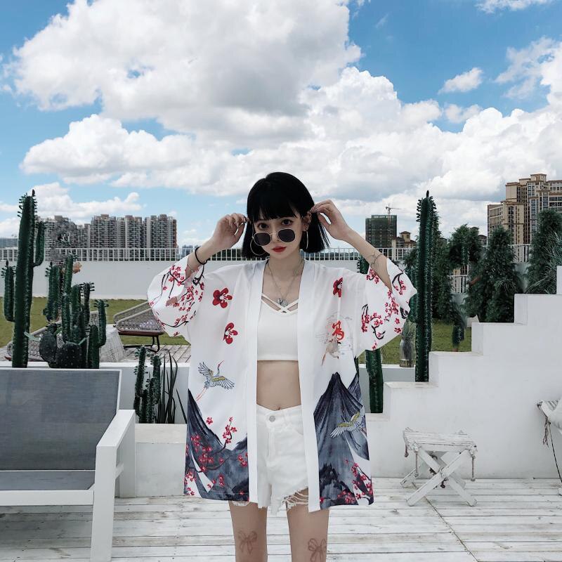 Kimono japonés Retro Samurai, cárdigan de gasa Haori ukiyo-e con estampado Floral para mujer, ropa de calle para Cosplay