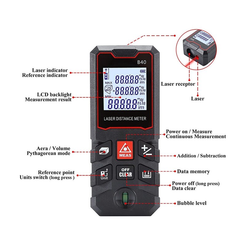Measurement 131 Ft, Ft/In/M Unit Switch Digital Tape Measure, With Bubble Level Measurement Tool