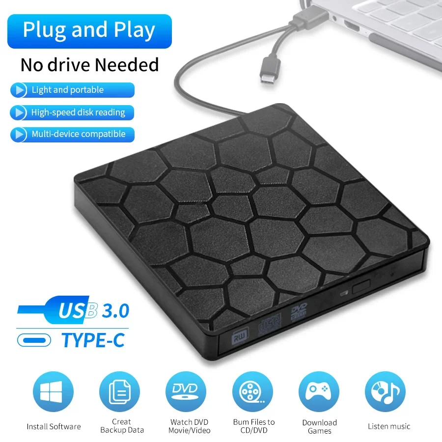 2in1 USB 3.0 Type C External DVD RW CD Writer Drive Burner CD Player Portable Optical Drives For Laptop PC DVD Burner CDPortatil