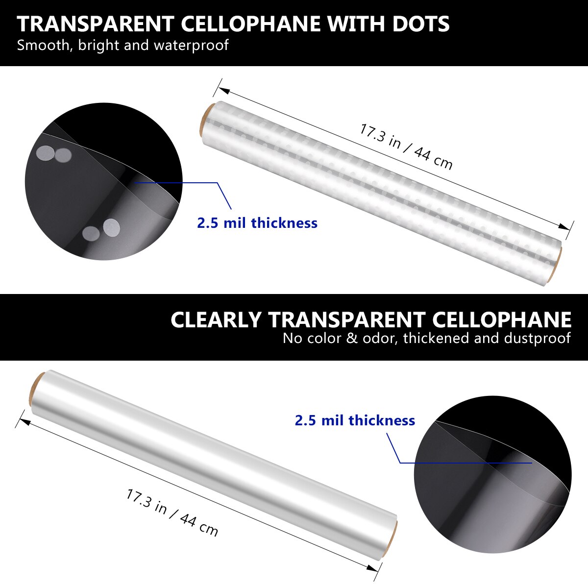 2 Rolls 2.5mil Cellophane Wrap Clear and White Dot Cellophane Wrappers for Wrapping Baskets Art Crafts (43x3000cm)