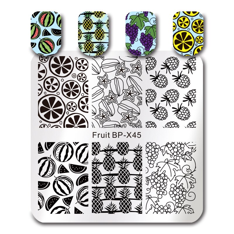 Født smuk firkantet negle stempel plade blomster rose frugt smuk blomst vinblade billede nail art billede skabelon stempel stencil