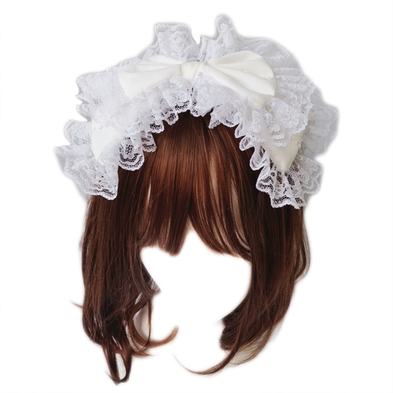 Lovely Sweet Hairband Maid Cosplay Headband Ruffled Lace Headwear Handmade Double Layer Bowknot Hair Accessory: WHITE